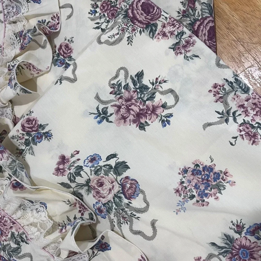 Handmade Floral Rose Ribbon Ruffle Lace Curtain Panels Cream Purple 39x86 Set‎ 2